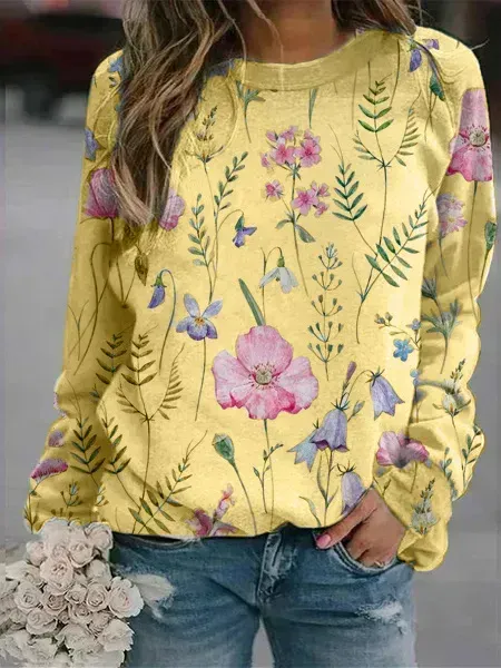 Floral Crew Neck Long Sleeves Sweatshirts