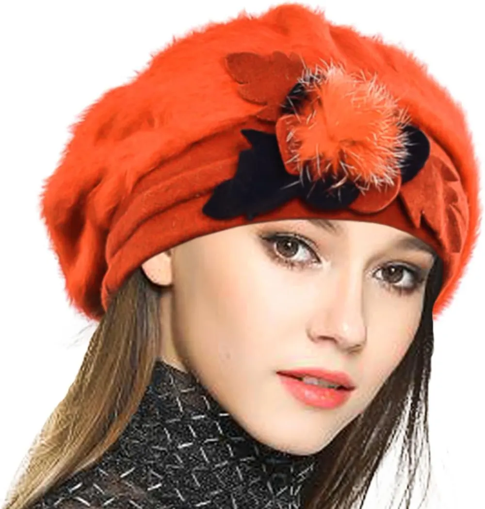 Lady French Beret 100% Wool Beret Floral Dress Beanie Winter Hat
