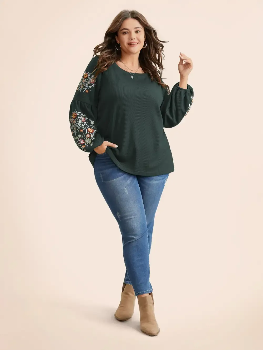 Waffle Knit Floral Embroidered Lantern Sleeve T-Shirt