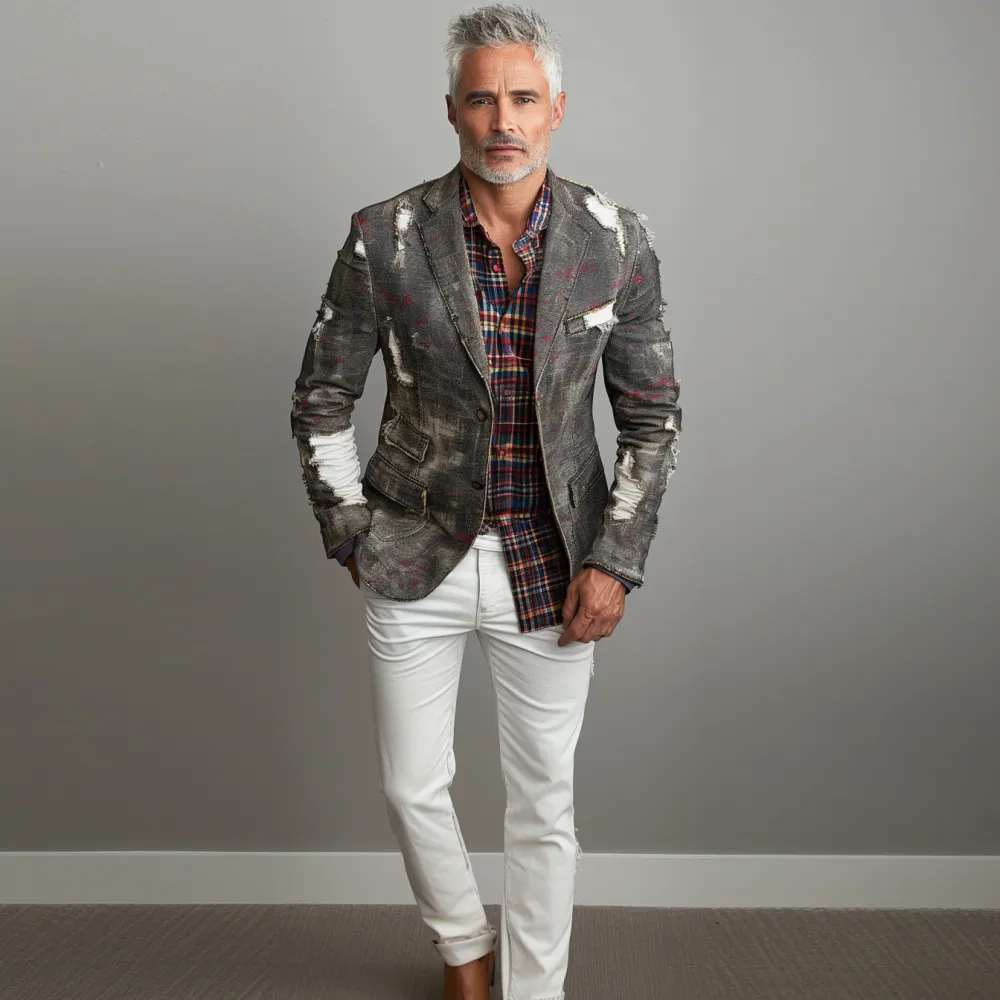 Men's Ripped Denim Splash-ink Notched Lapel Two Button Blazer