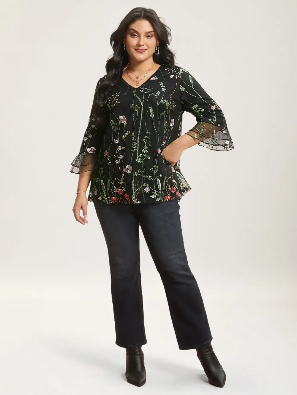 Embroidered Mesh Lotus Leaf Sleeve Blouse