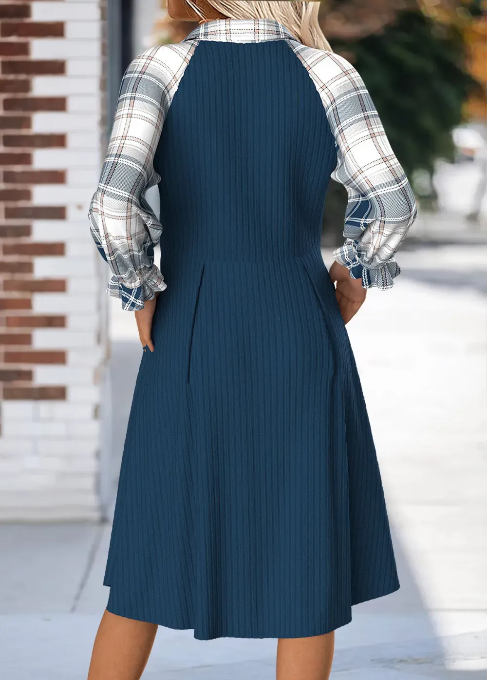 Navy Tummy Coverage Plaid Long Sleeve Shirt Collar Dress