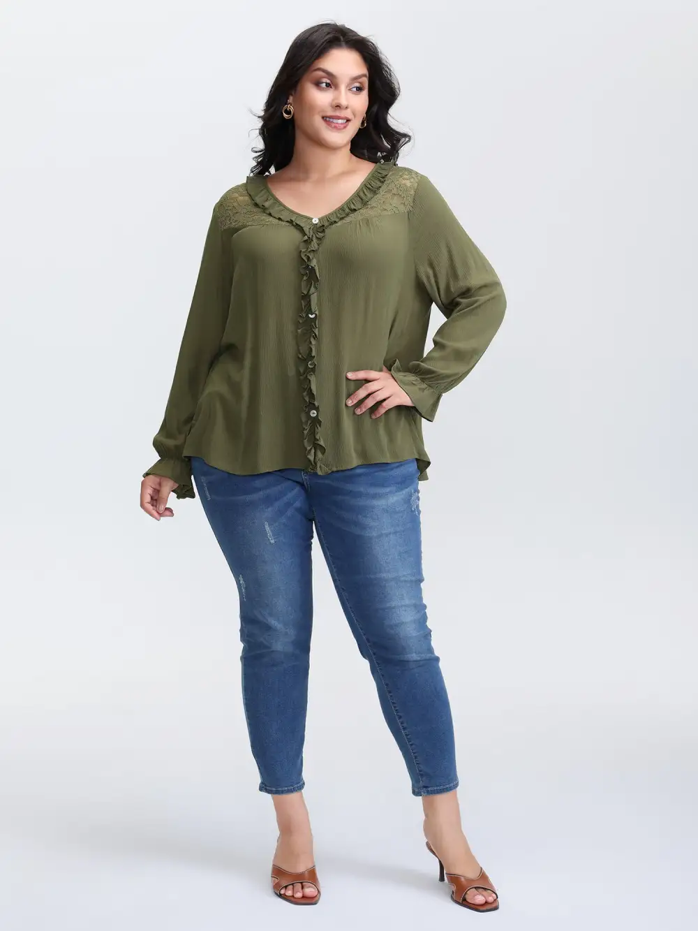 Lace Trim Ruffled Edge Button Blouse