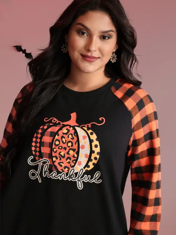 Halloween Pumpkin Plaid Stretchy Sweatshirt