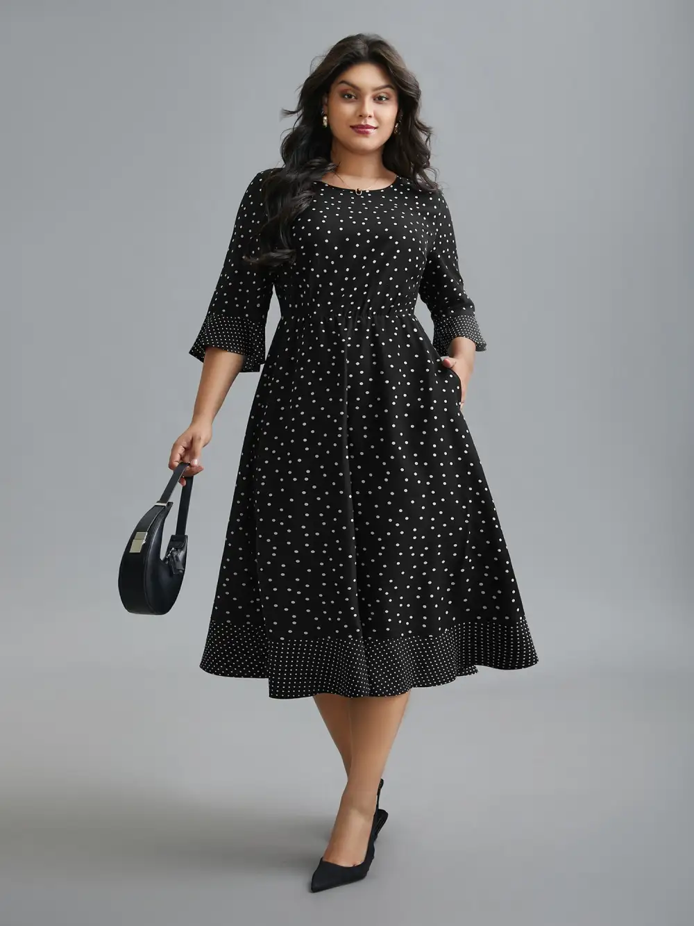 Crew Neck Polka Dot Waist Cinched Dress