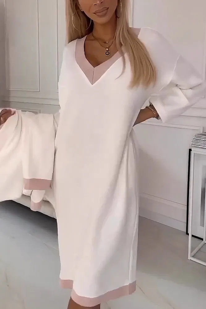 Women's contrasting V-neck jacket and two-piece dress set