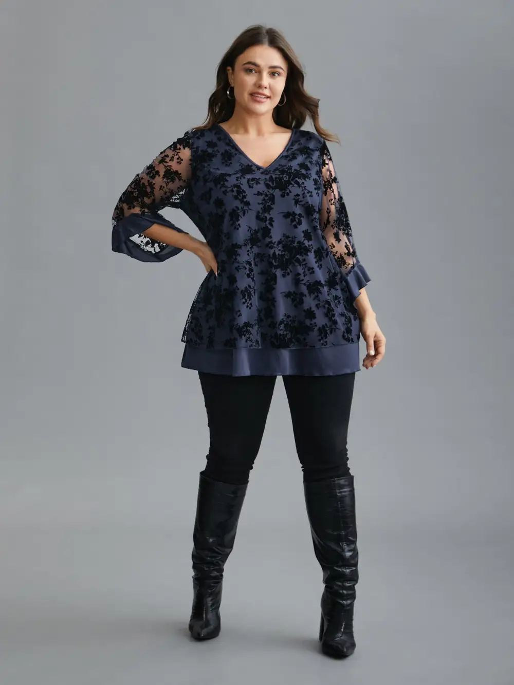 Floral Flocking Mesh Asymmetrical Hem Blouse