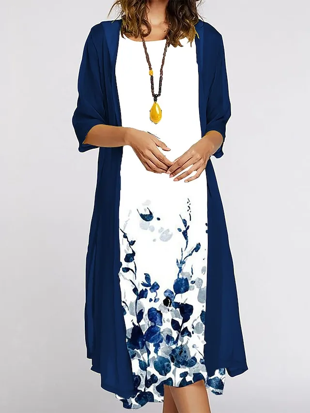 Women's Dress Set Two Piece Dress Midi Dress White Green Gray 3/4 Length Sleeve Floral Patchwork Summer Spring Crew Neck Basic Vacation Loose Fit 2023 S M L XL XXL