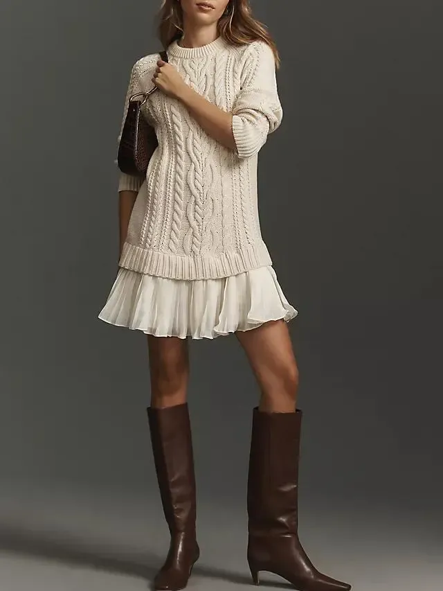 ✨Women Crewneck Cable Knit Sweater Mini Dress