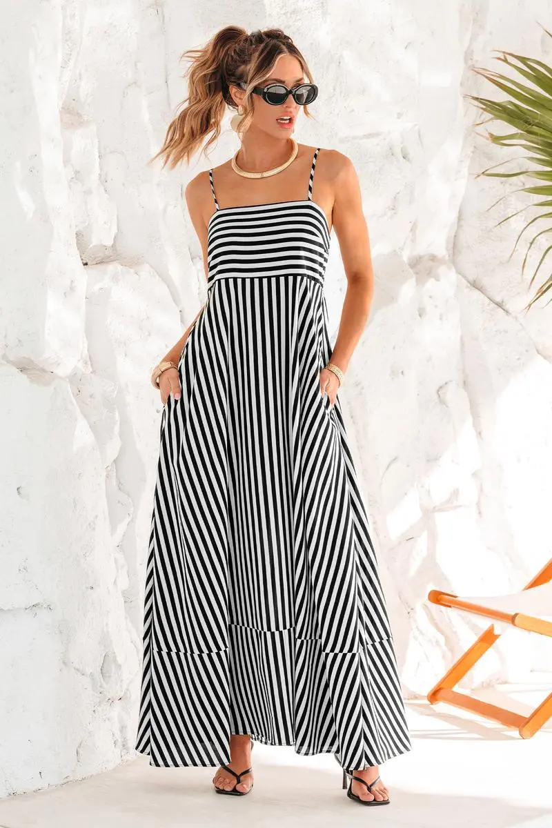Striped Maxi Dress for Women – Square Neck Sleeveless Sundress, Casual Summer Outfit for Beach, Vacation, or Party