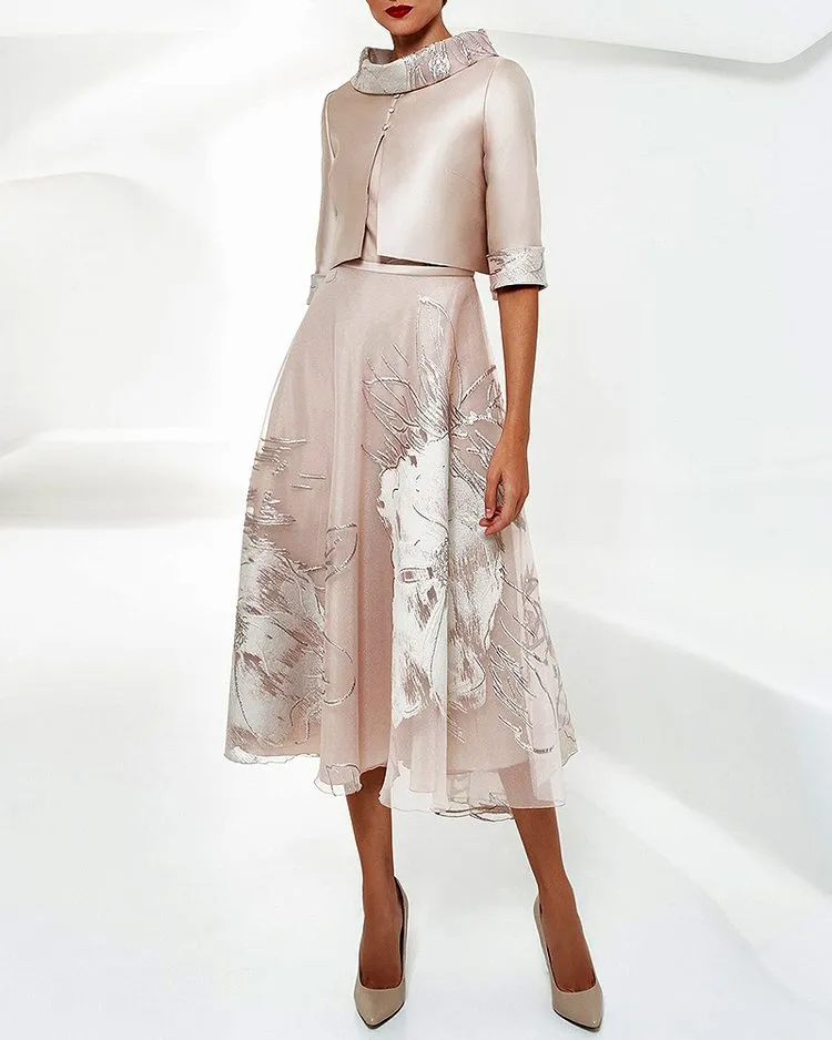 ELEGANT LACE MESH BROCADE MIDI DRESS