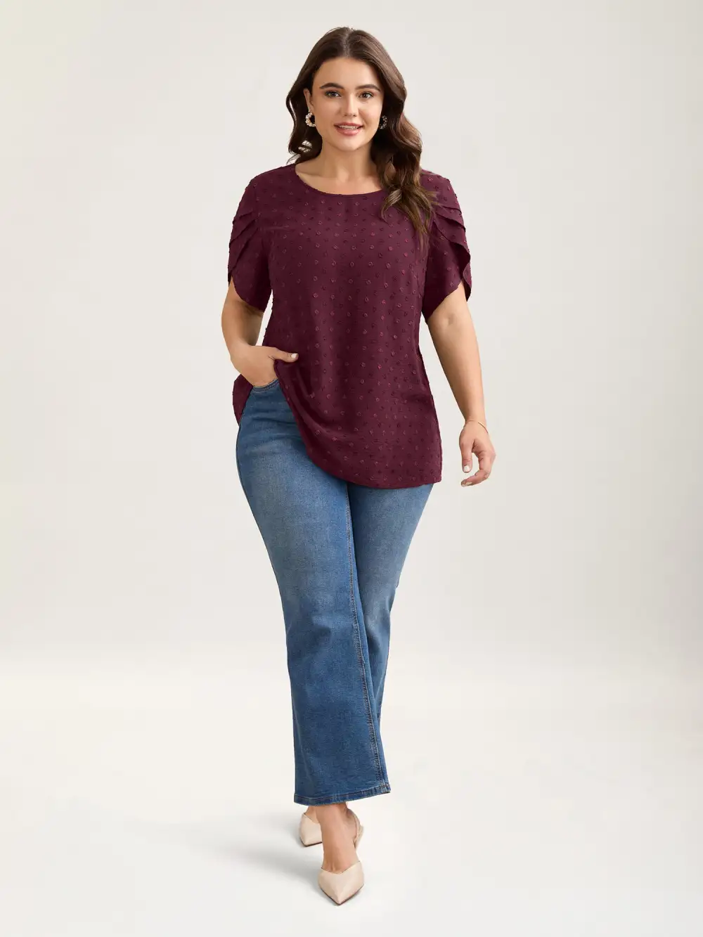 Textured Color Contrast Petal Sleeve Blouse