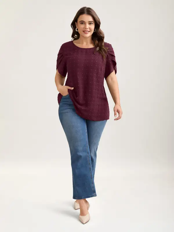 Textured Color Contrast Petal Sleeve Blouse