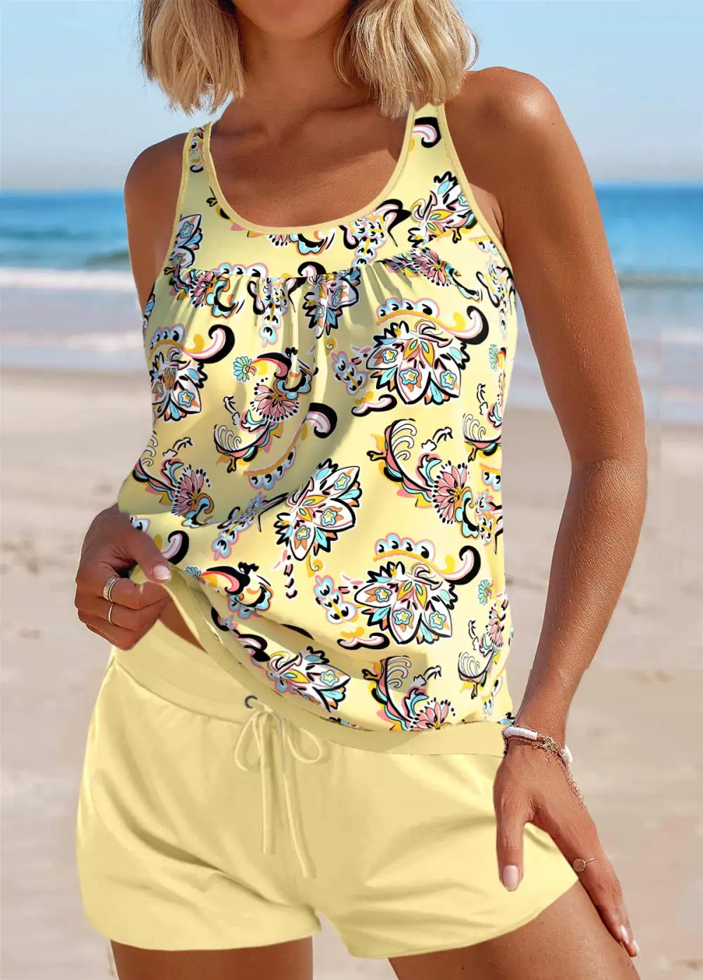 Patchwork Neon Green Floral Print Tankini Set