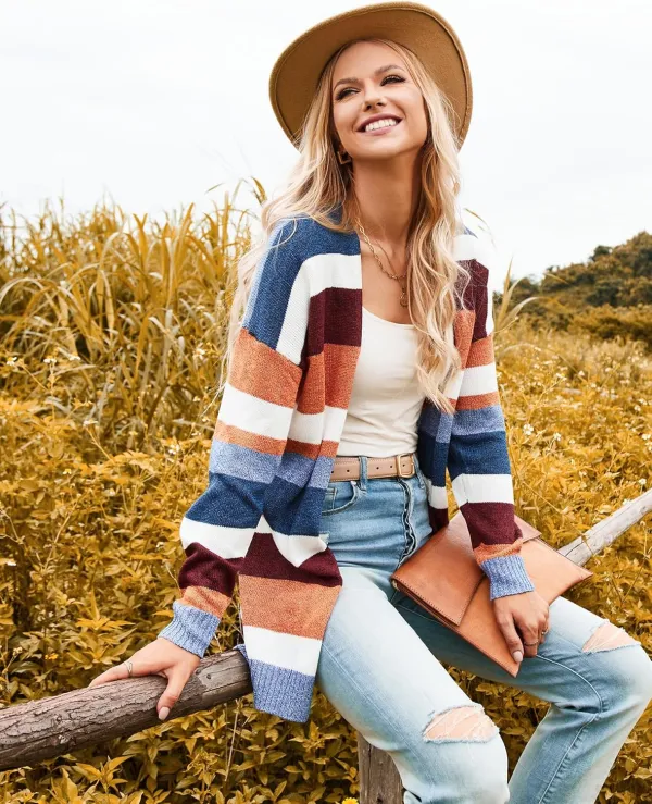 Cardigan Sweaters for Women Lightweight Fall Color Block Striped Long Sleeve Open Front Cozy Knitted Coats Outwear