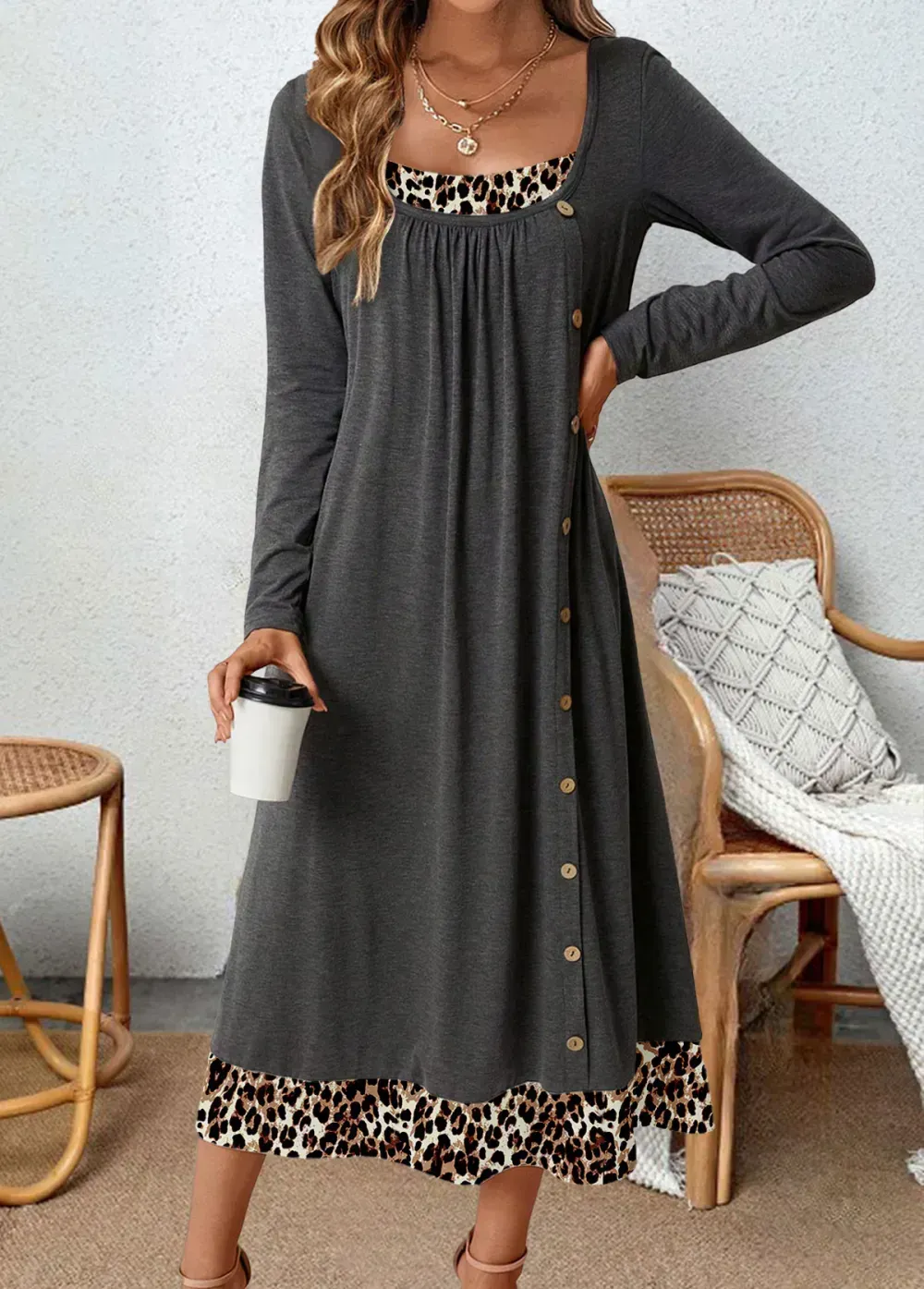 Dark Grey Button Leopard A Line Dress