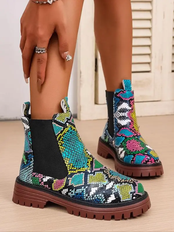 Chunky Sole Chelsea Boots for Women, Trendy High Heel Ankle Boots