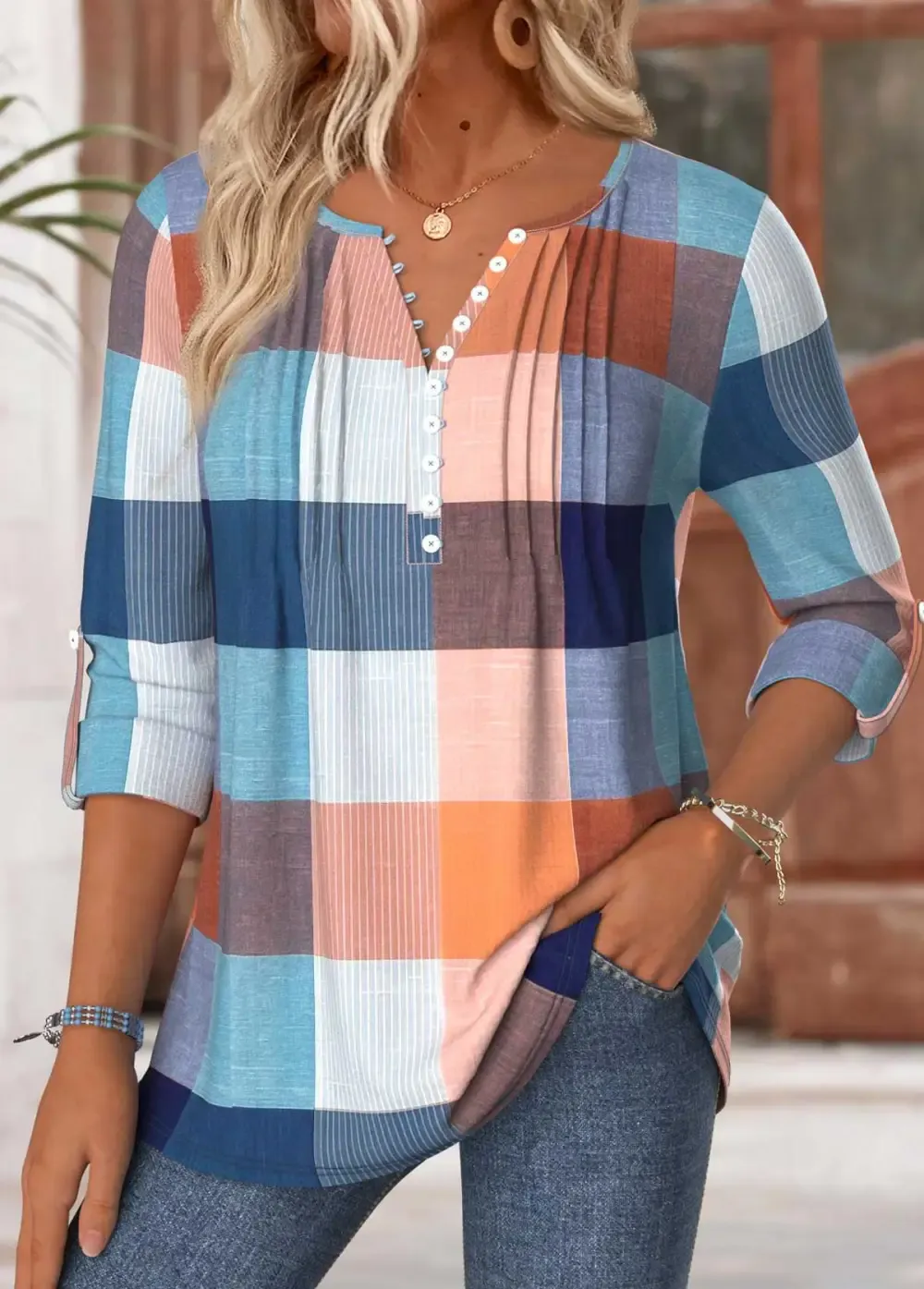 Multi Color Tummy Coverage Plaid Long Sleeve T Shirt