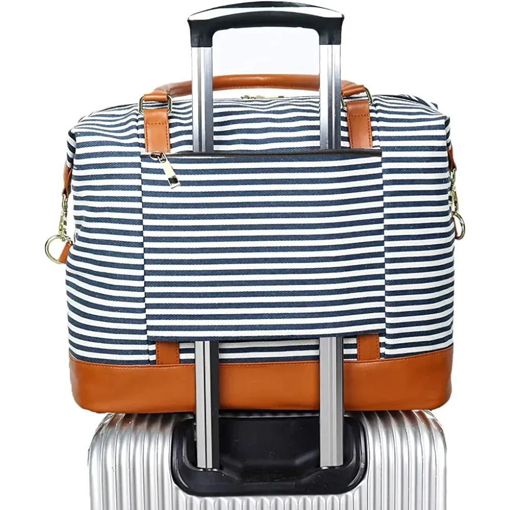 Ladies Canvas Weekender Bag Overnight Carry-on Tote Duffel in Trolley Handle