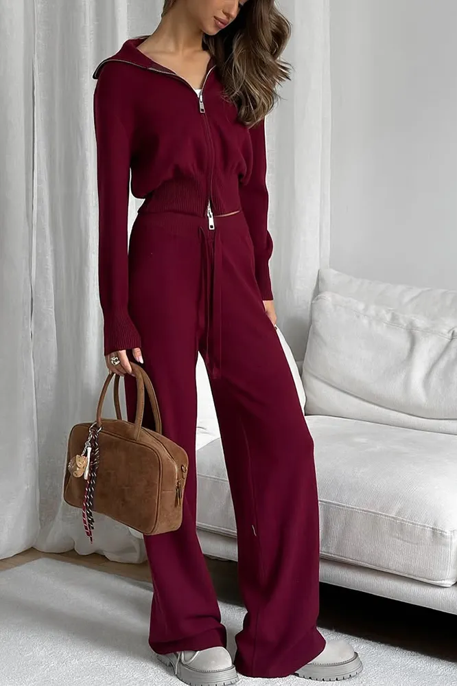 Women's Solid Color Knitted Zipper Top & Pants Two Piece Set