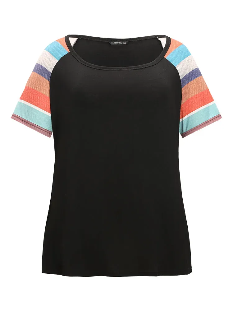 Striped Contrast Raglan Sleeve Round Neck T-shirt
