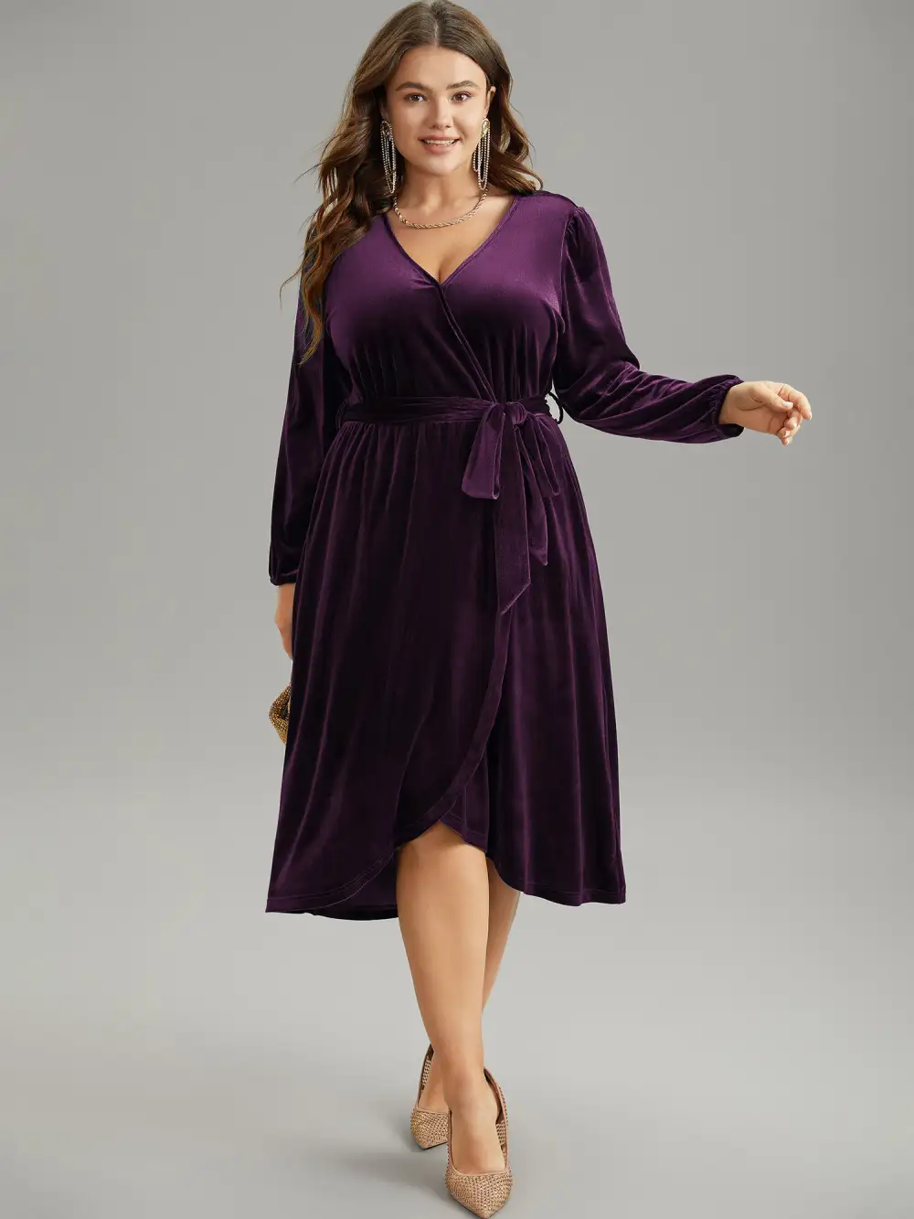 Solid Velvet Belted Wrap Arc Hem Dress