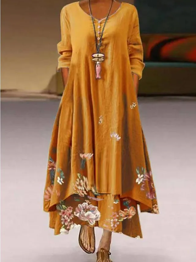 Women‘s Long Dress Maxi Dress White Yellow Pink Long Sleeve Floral Print Summer Spring Fall Crew Neck Summer Dress Regular Fit 2023 S M L XL XXL 3XL 4XL 5XL