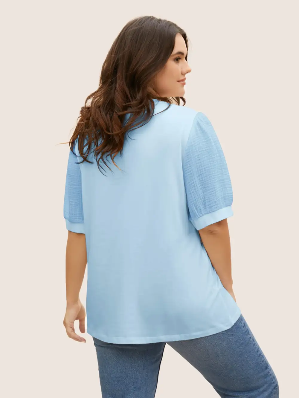 Plain Textured Patchwork Lantern Sleeve T-Shirt