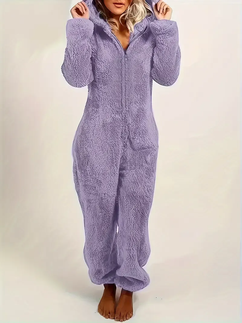 Fuzzy Hooded Pajama Jumpsuit For Music Festival