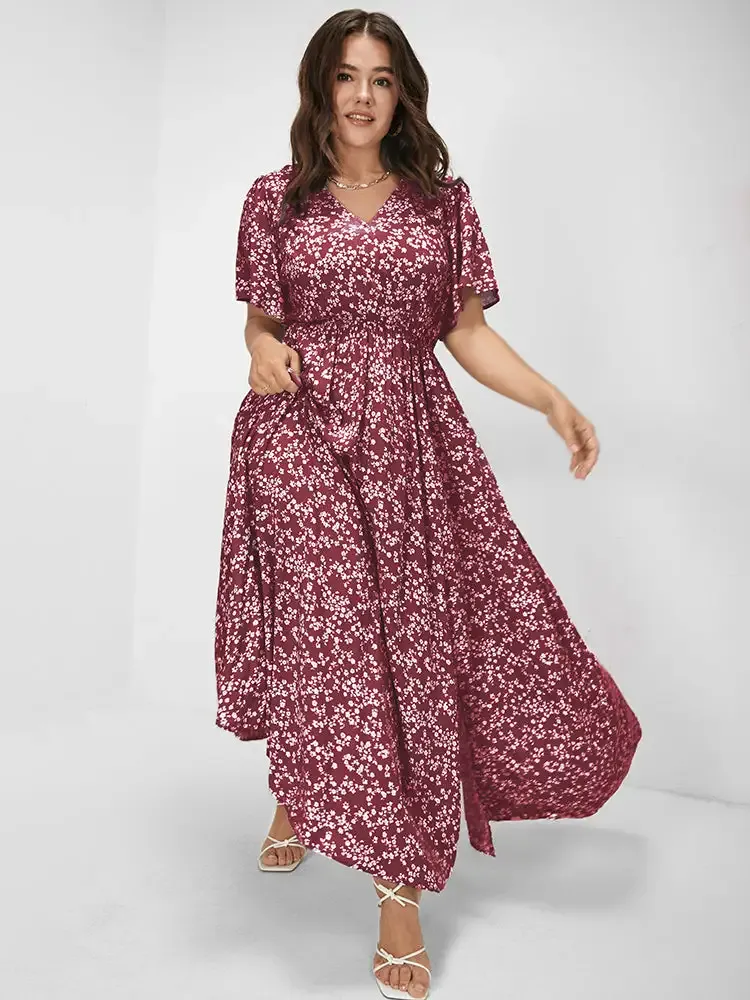 Bloom Dress - Flutter Sleeve Ditsy Floral Pocket Split Maxi Dress