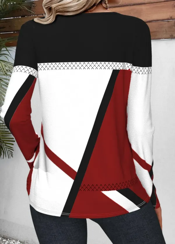 Wine Red Patchwork Geometric Print Long Sleeve T Shirt