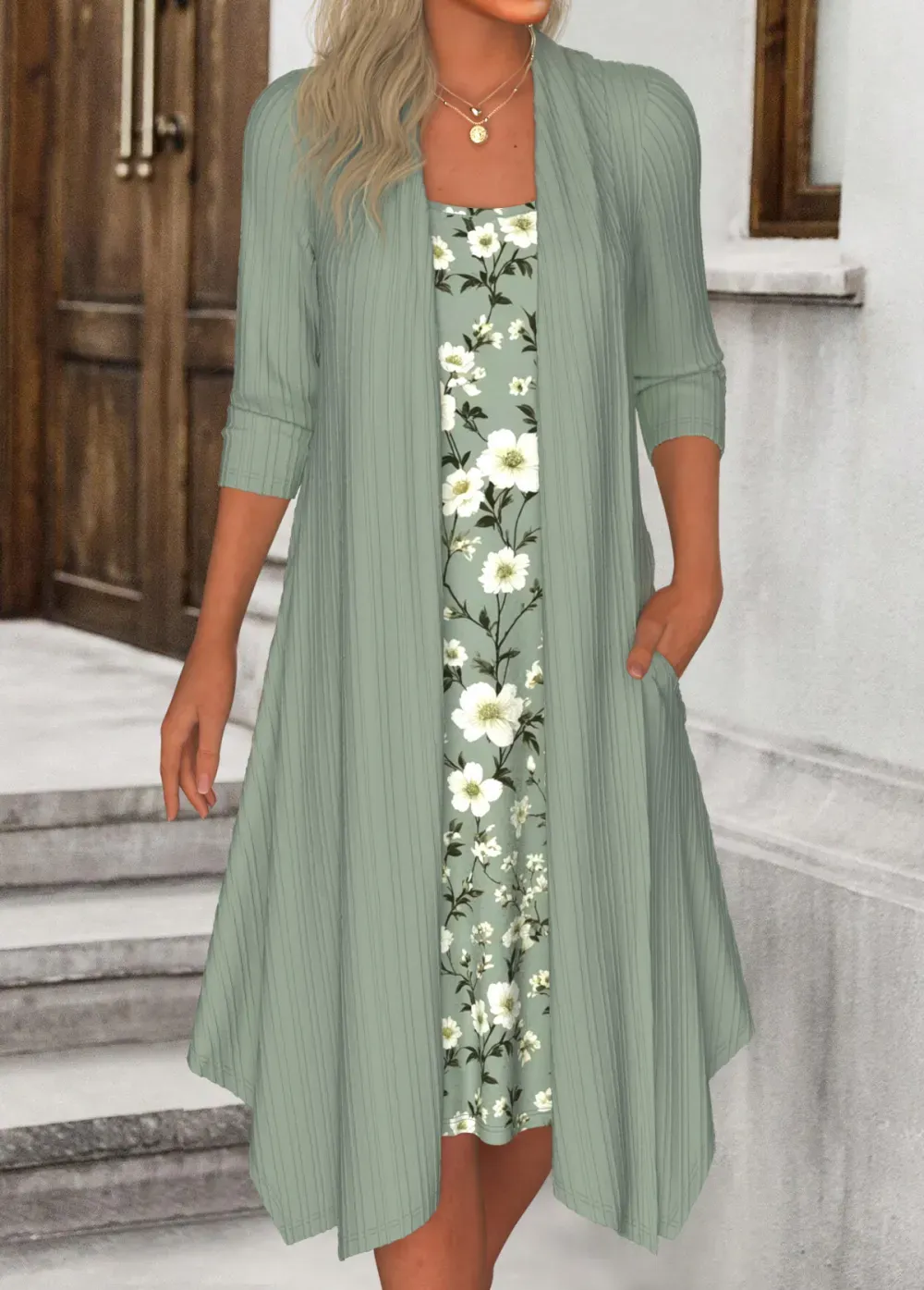 Sage Green Fake 2in1 Floral Print A Line Dress