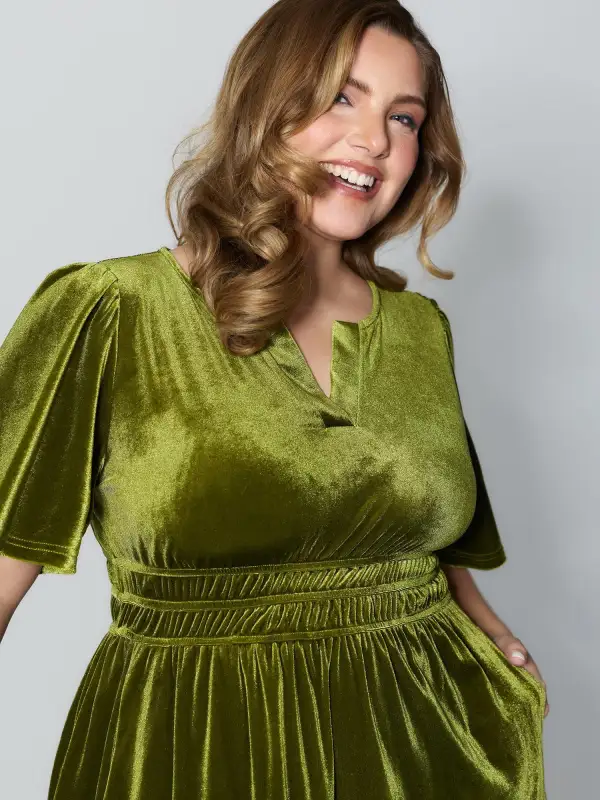 Velvet Stretchy Waistband Tiered Knee-Length Dress