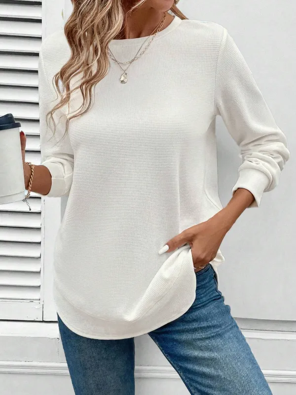 Women's Basic Style Asymmetrical Hem Waffle Texture Casual Comfortable Sweatshirt