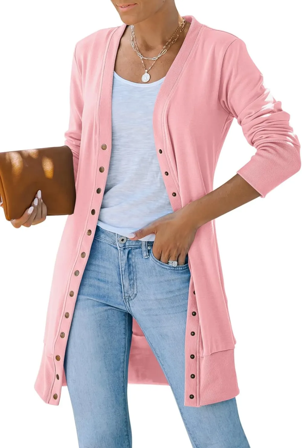 Women's 2024 Fall Long Sleeve Snap Button Down Solid Color Knit Ribbed Neckline Cardigans