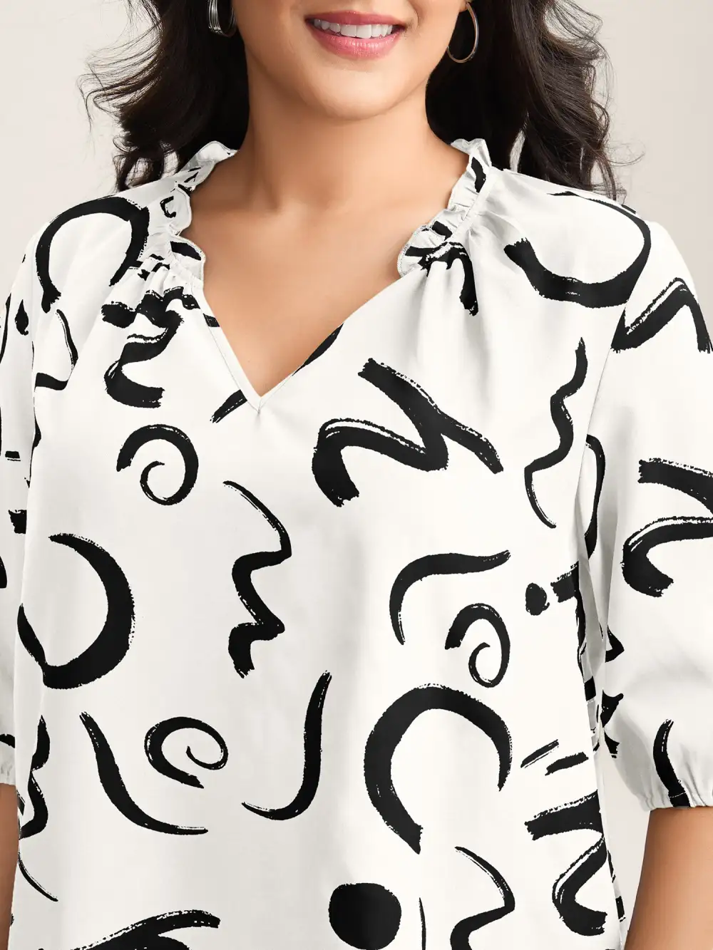 Scribble Print Ruffled Split Neck Blouse