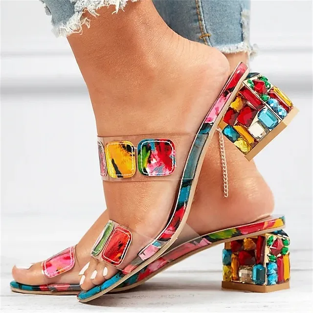 Women's Slippers Block Heel Sandals Outdoor Slippers Outdoor Beach Summer Chunky Heel Open Toe Elegant Casual PU Loafer Multicolor