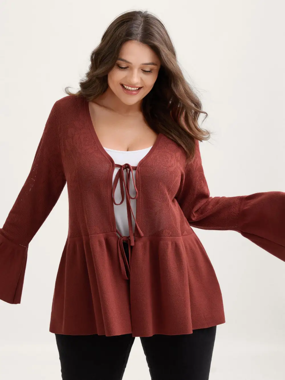 Eyelet Jacquard Ruffled Hem Knit Cardigan