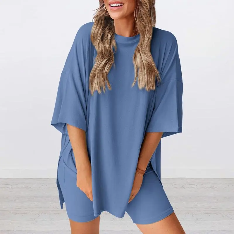 Women’s Oversized Lounge Set-Breathable Crewneck Top & Pocket Shorts