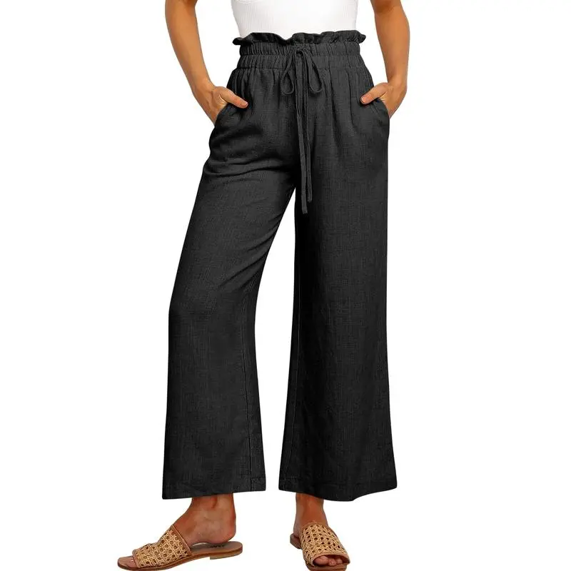 Women's Linen Wide Leg Pants – High Waist Drawstring Trousers with Pockets