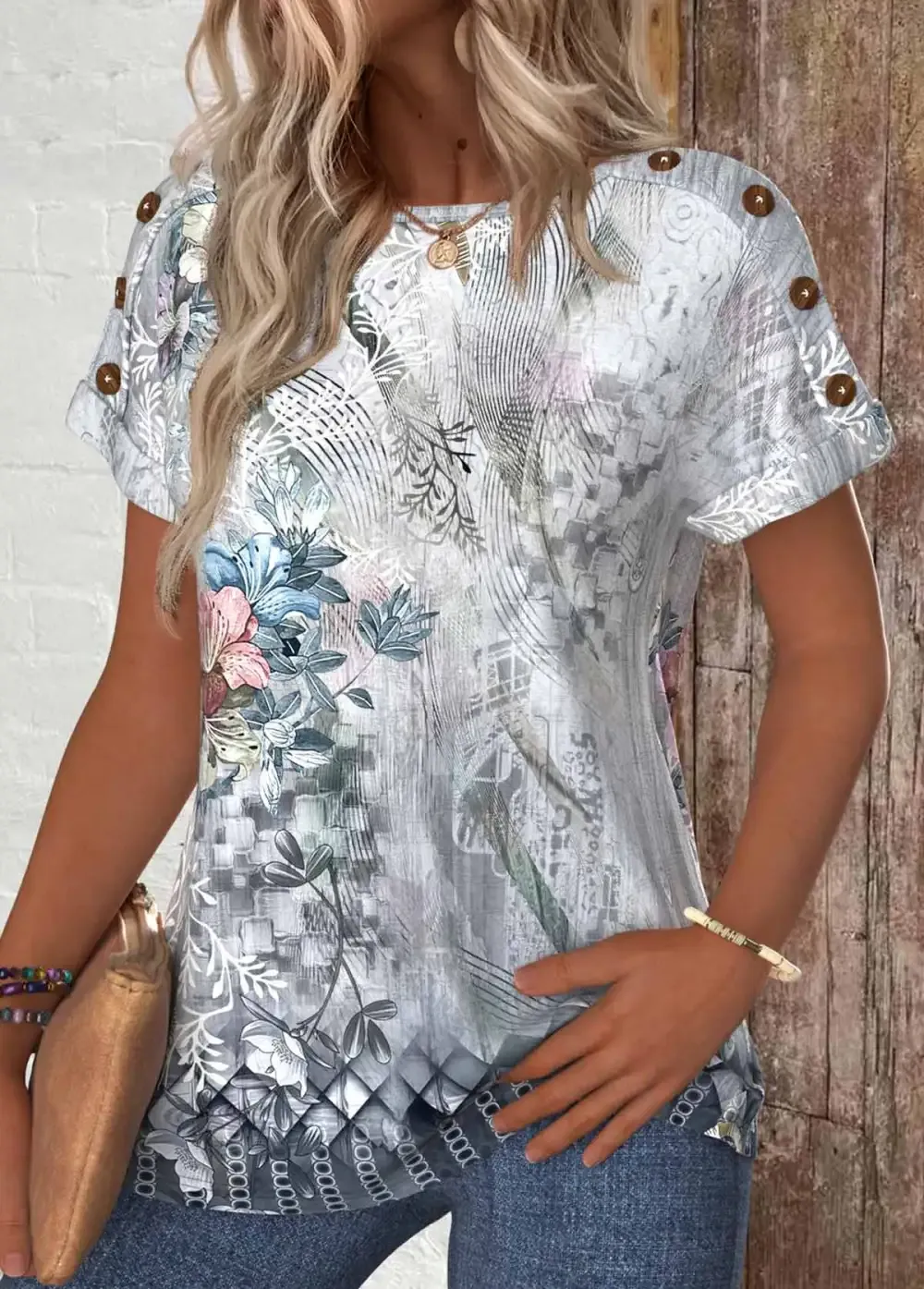 Grey Button Random Floral Print Short Sleeve T Shirt