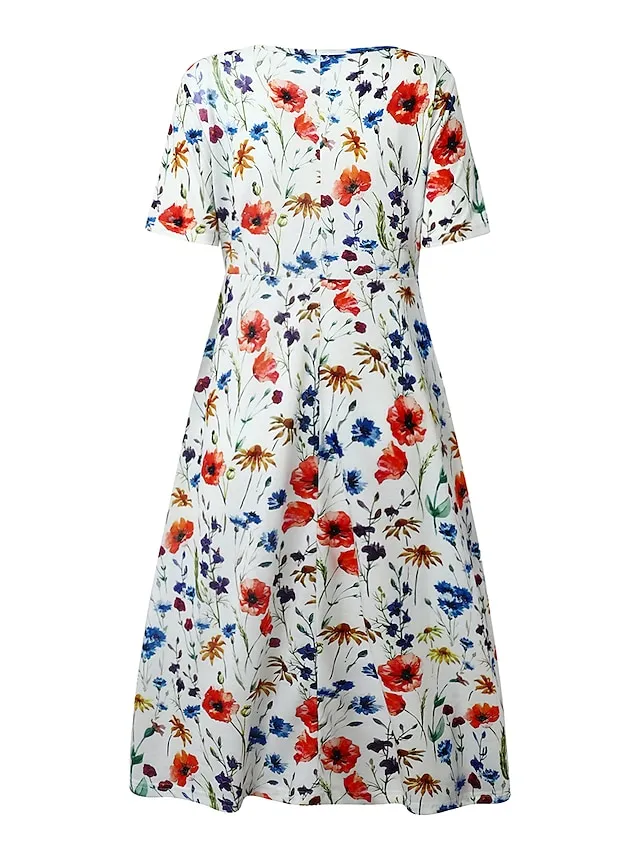 Women's Casual Dress Floral Dress Midi Dress White Short Sleeve Floral Ruched Spring Summer Crew Neck Basic Daily Vacation Weekend 2023 S M L XL XXL 3XL
