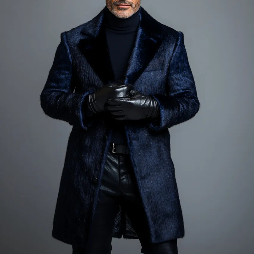 Men's Retro Plush Solid Notched Lapel Button Overcoat