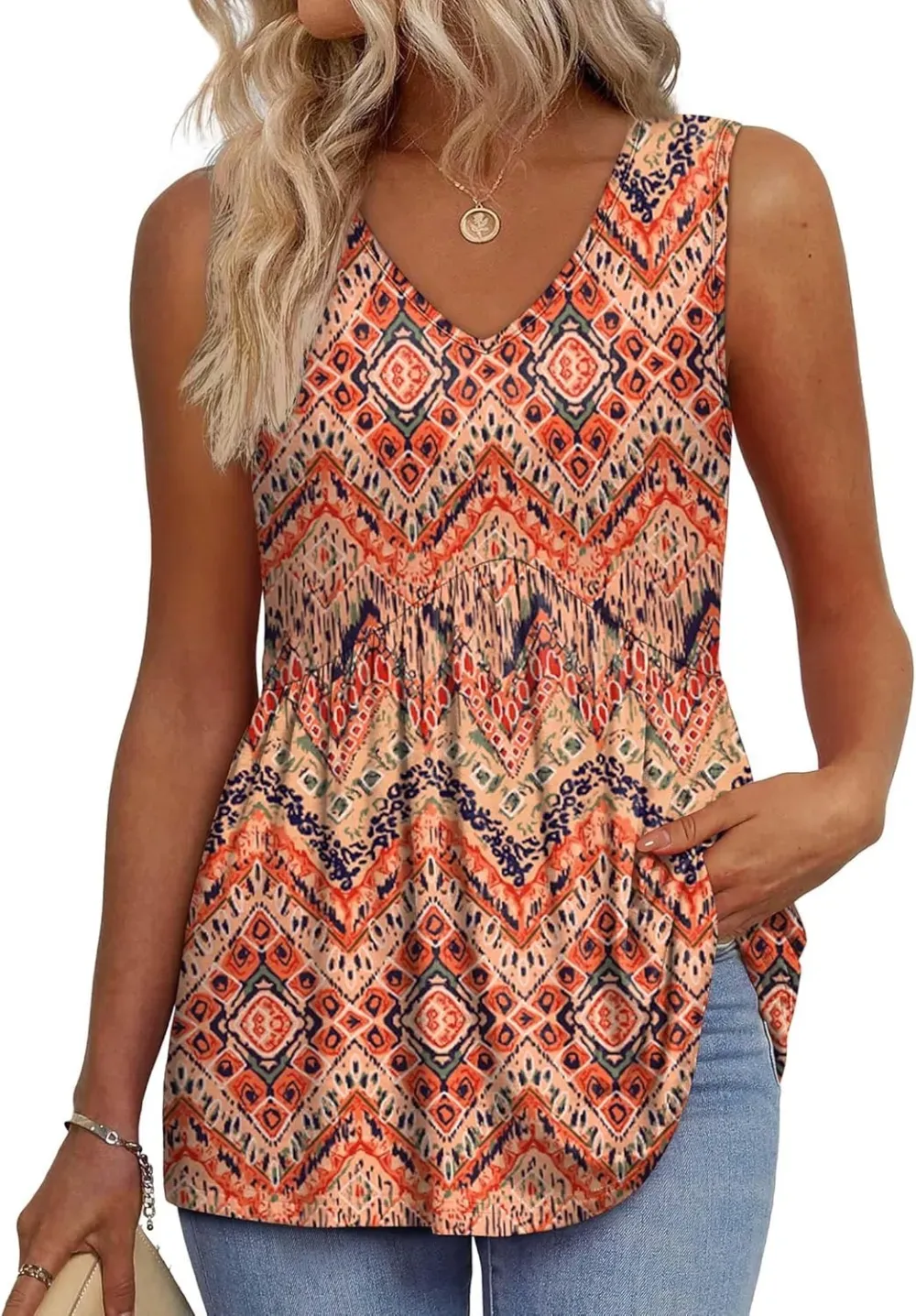 📣Women's Print Flowy Sleeveless V Neck Peplum Tank Tops