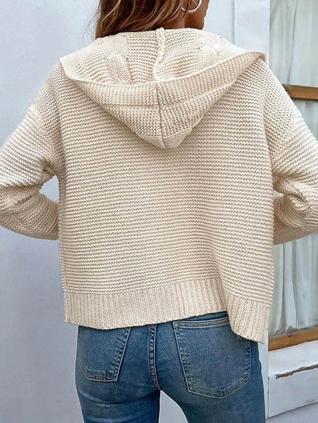 Women's Cardigan V Neck Cable Knit Knitted Fall Winter Work Daily Fashion Casual Soft Long Sleeve Solid Color White