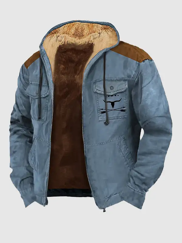 Men's Retro Tribal Print Velvet Double Pocket Zip Hooded Jacket