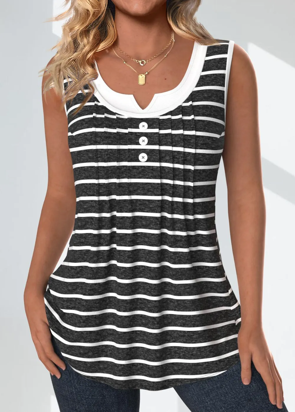 Dark Grey Marl Patchwork Striped Sleeveless Tank Top