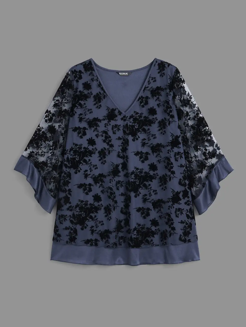 Floral Flocking Mesh Asymmetrical Hem Blouse