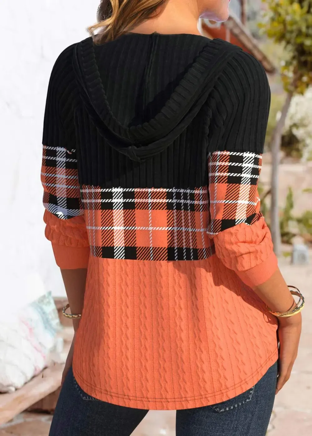 Orange Patchwork Plaid Long Sleeve Hoodie
