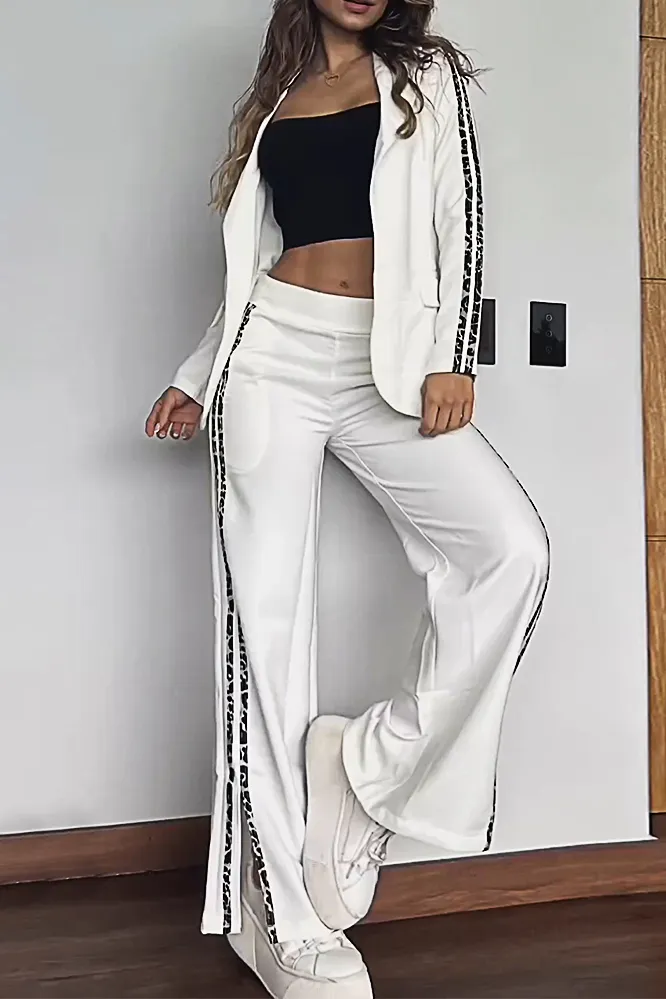 Women's Fashion Contrast Color Suit Jacket & Side Slit Pants